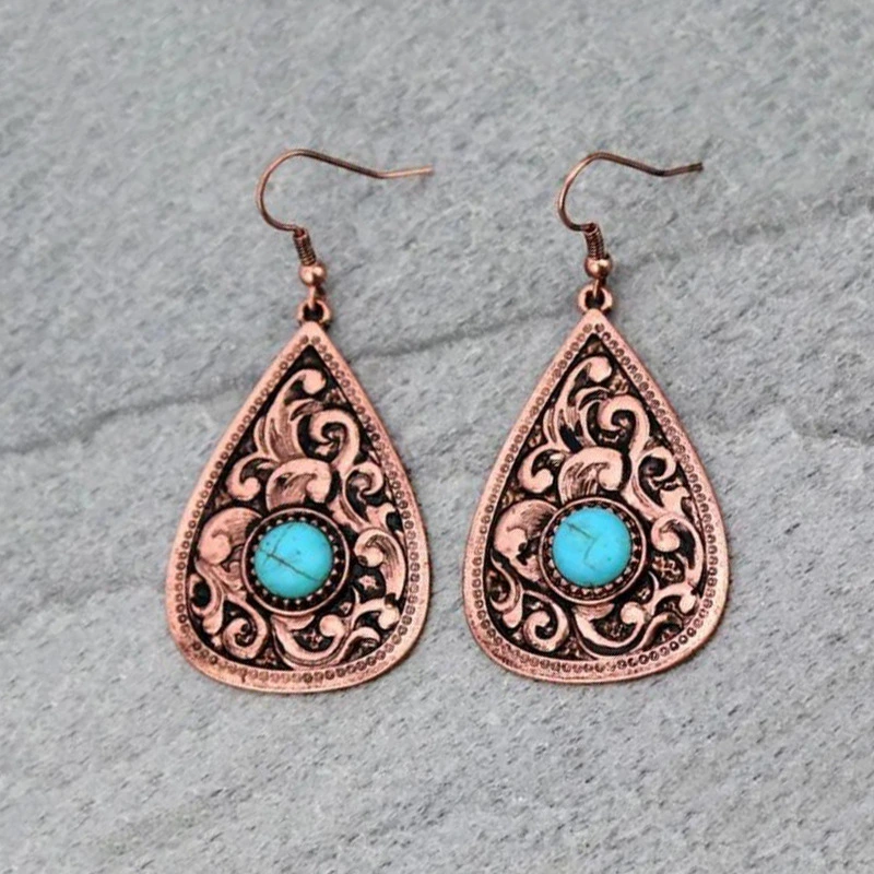 Jewelry Drop Shape Ethnic Pattern Turquoise Earrings