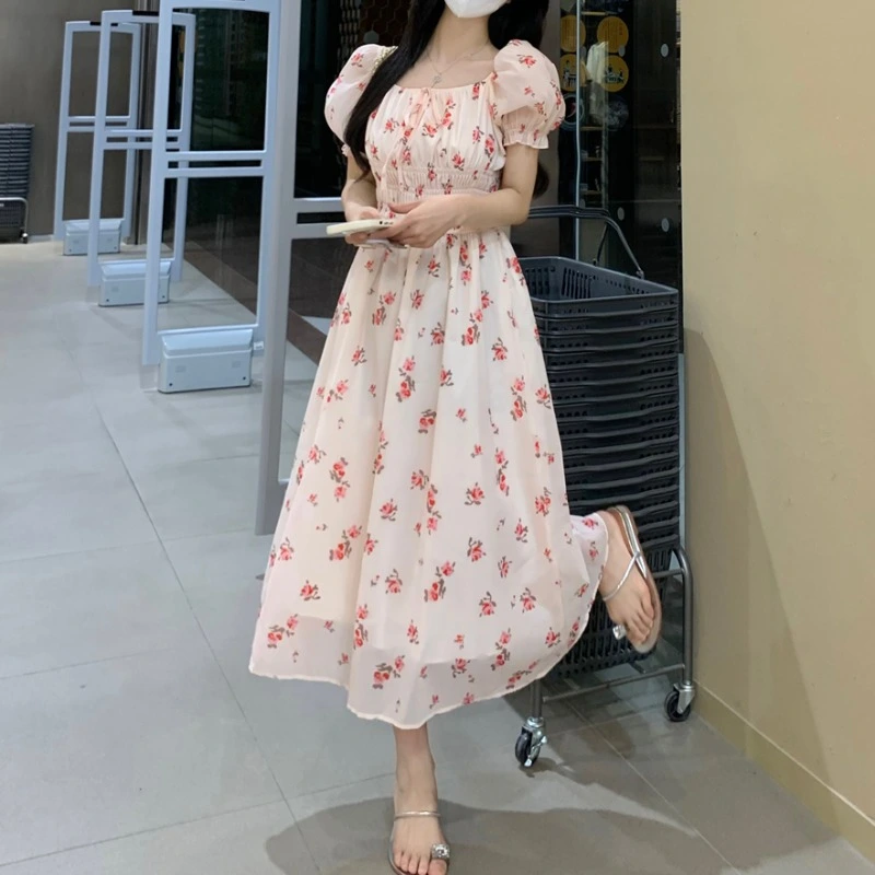Women's Waist Up Slimming Floral Chiffon Dress