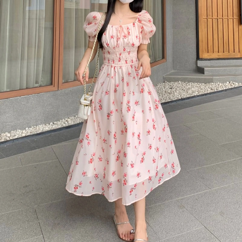 Women's Waist Up Slimming Floral Chiffon Dress