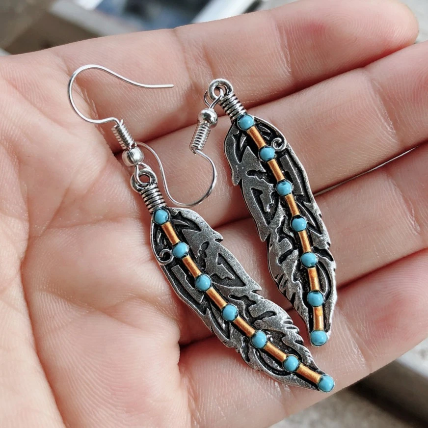 Women's Fashion Vintage Turquoise Feather Earrings