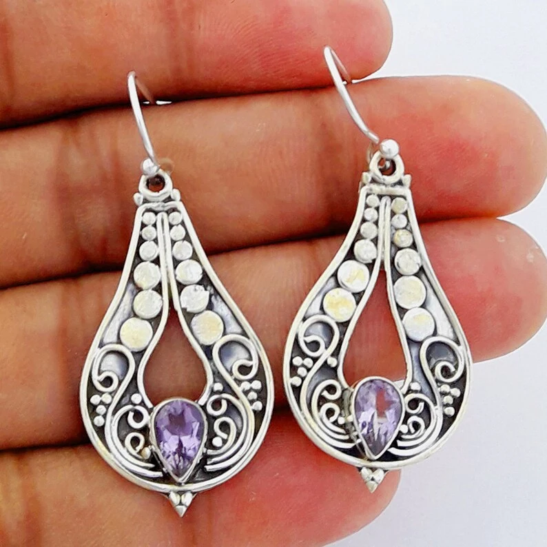 Women's Fashion Silver Carved Purple Gemstone Earrings