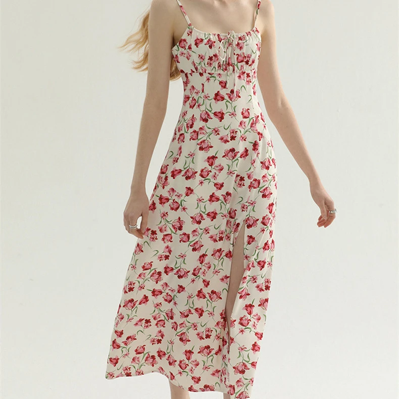 French Vintage Floral Strap Split Dress