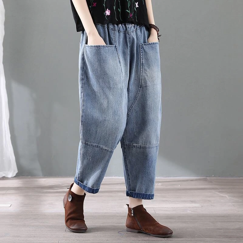 Women's Vintage Distressed Large Pocket Denim Harem Pants