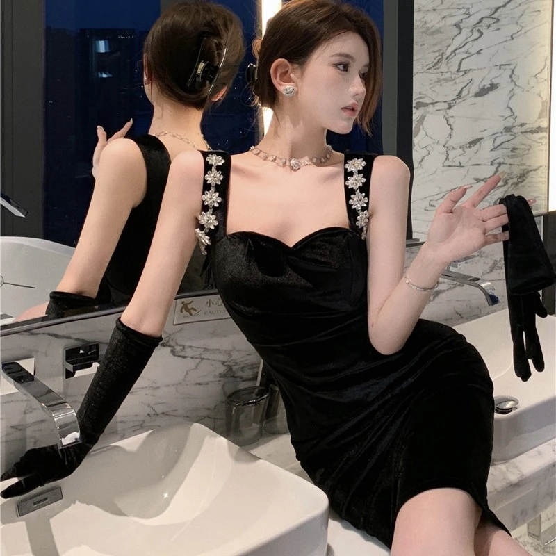 Women's Diamond Velvet Sexy Suspender Dress