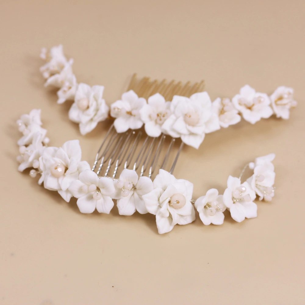 White Ceramic Flower Crystal Hair Comb