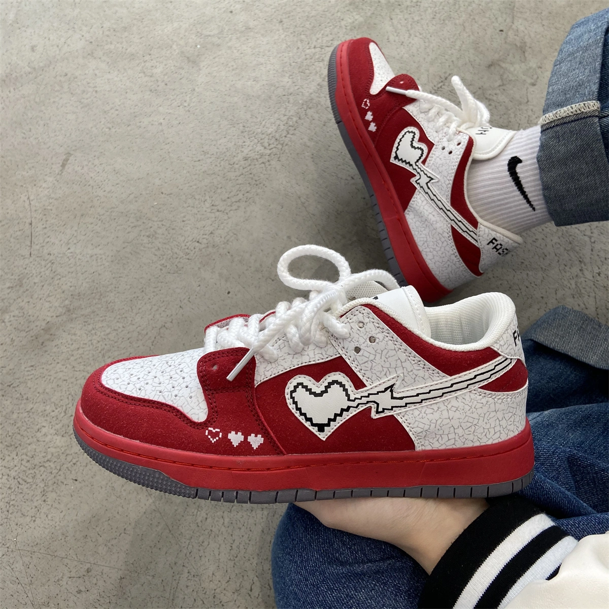 Pixel Heart Red Skateboard Shoes Female