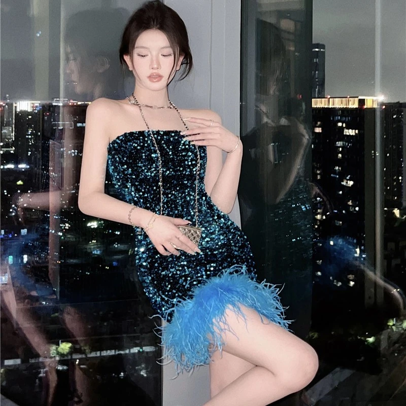 Women's Strapless Sequin Feather Buttocks Dress