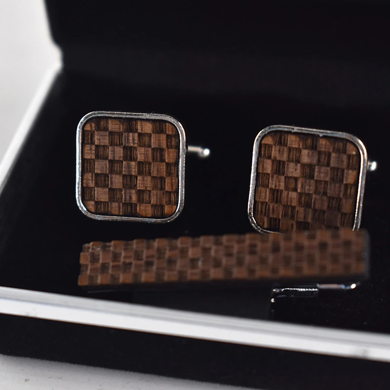 Small Square Plaid Collar Clip Cufflinks Set Gift