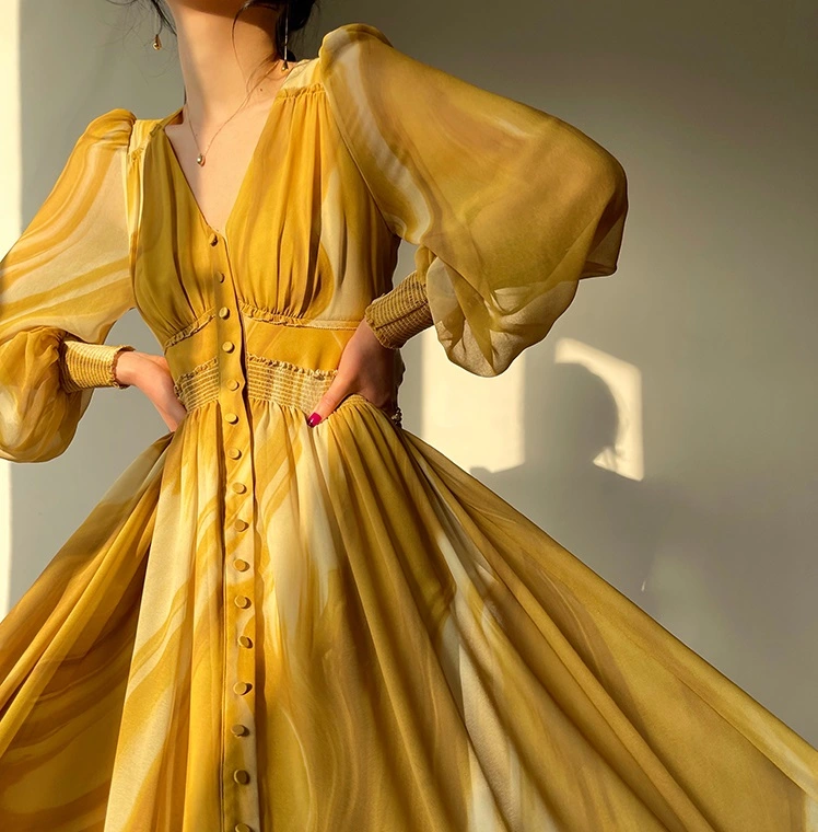 V-neck Spring Waistband Slimming Chiffon Long Skirt