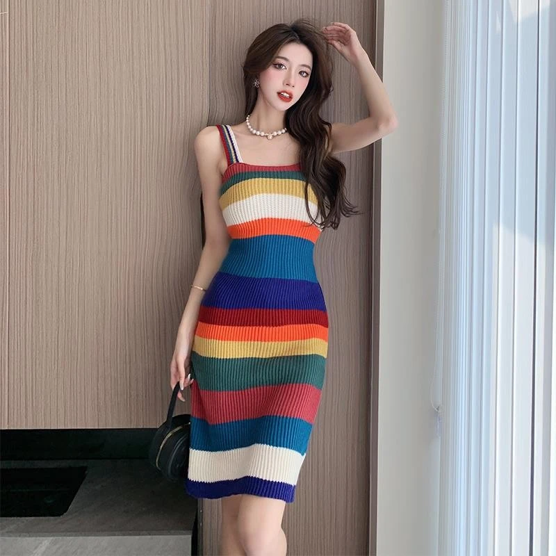 Temperament Sweet And Spicy Color Striped Knitted Suspender Dress For Women