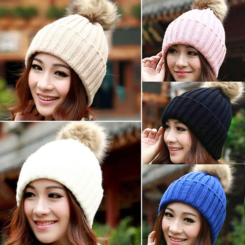 Women Winter Warm Braided Crochet Knitting Hat Girl Beret Ski Beanie Ball Cap