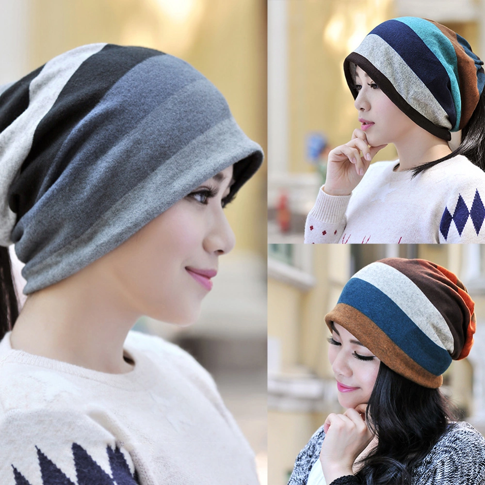 Women Winter Fashion Stripe Pattern Hat Beanie Cotton Blend Cap Scarf Nice