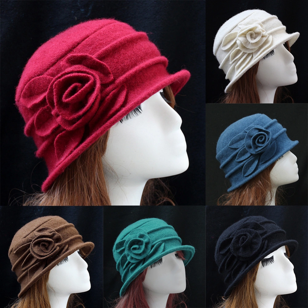 Fashion Women Wool Church Cloche Flapper Hat Lady Bucket Winter Flower Cap