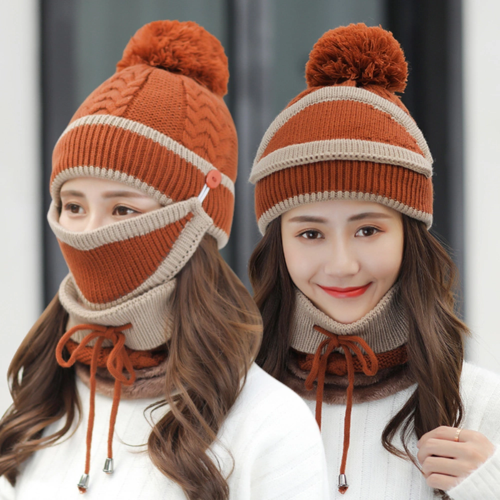 3Pcs/Set Women Winter Woolen Knitted Fluffy Ball Beanie Cap Warm Mask Neck Scarf