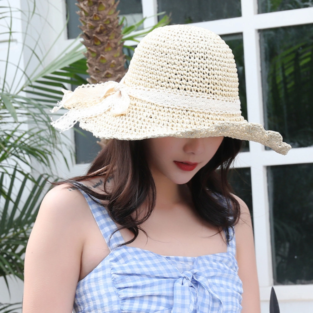 Women Crochet Knit Straw Foldable Lace Ribbon Hat Sunscreen Beach Cap Sunhat