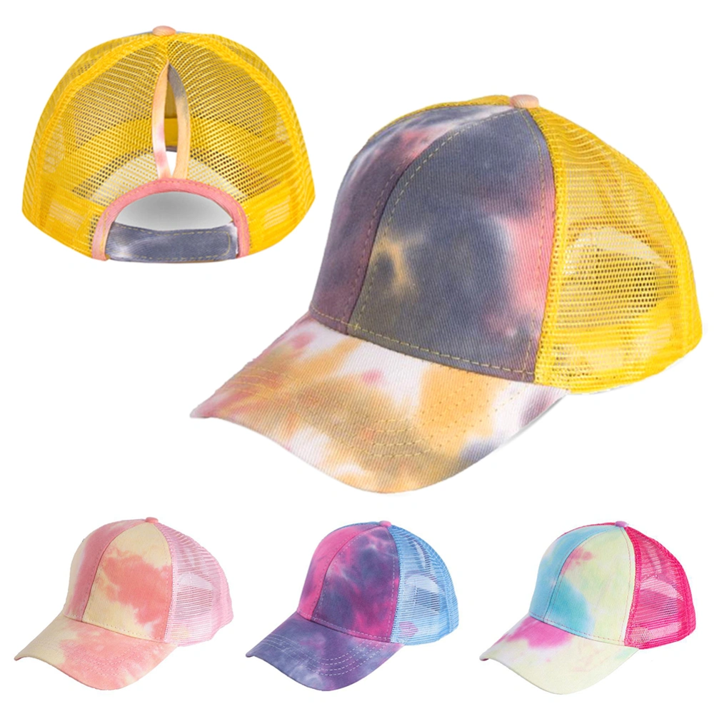 Outdoor Women Tie Dye Anti Sun Adjustable Cotton Baseball Cap Mesh Ponytail Hat