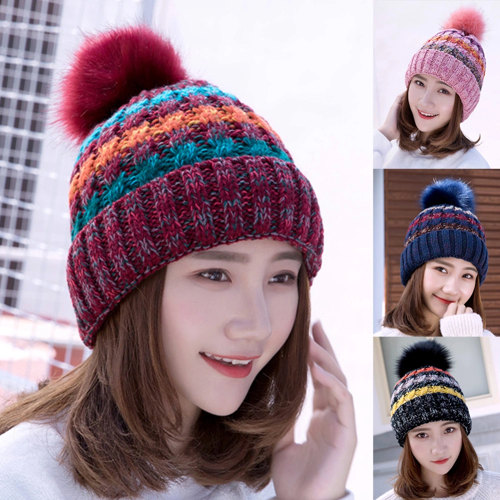 Fall Winter Fashion Girl Warm Colorful Woolen Yarn Knitted Pompom Beanie Hat Cap