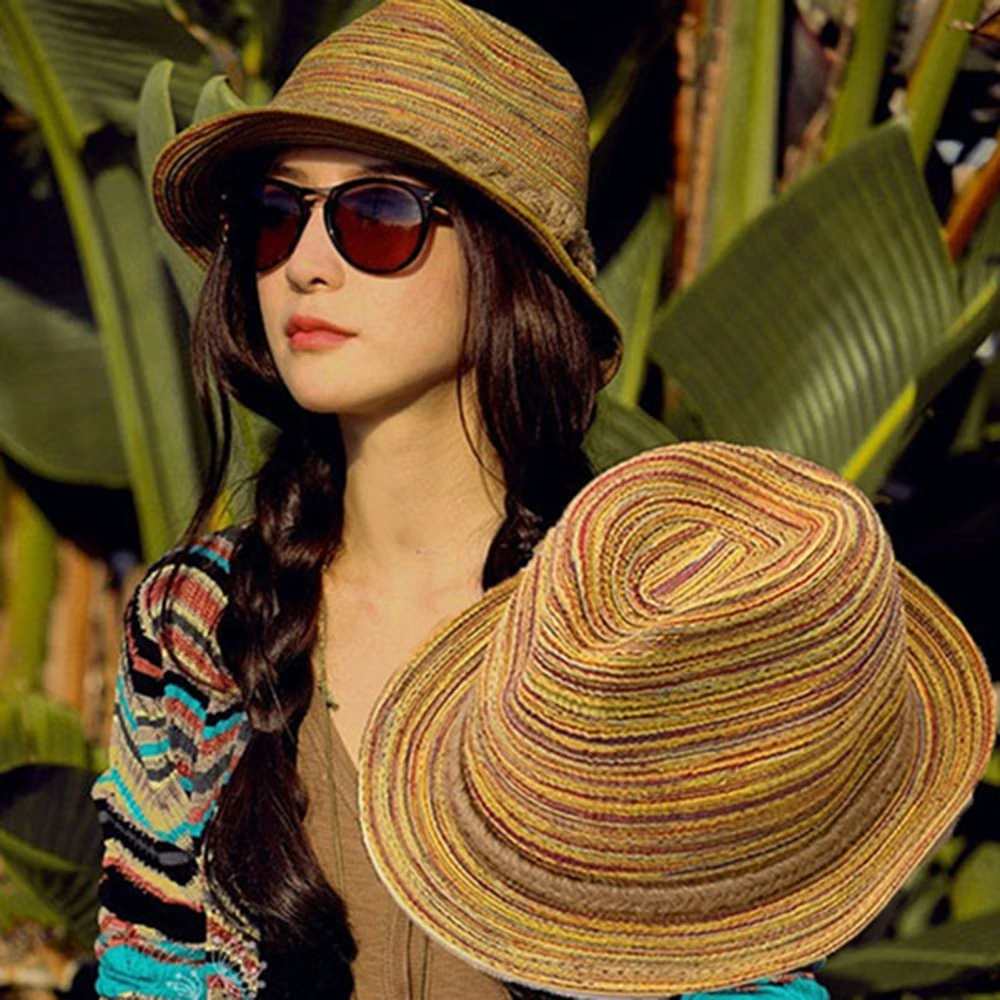 Women Summer Bohemia Style Straw Hats Foldable Striped Braided Rope Beach Sun Hat