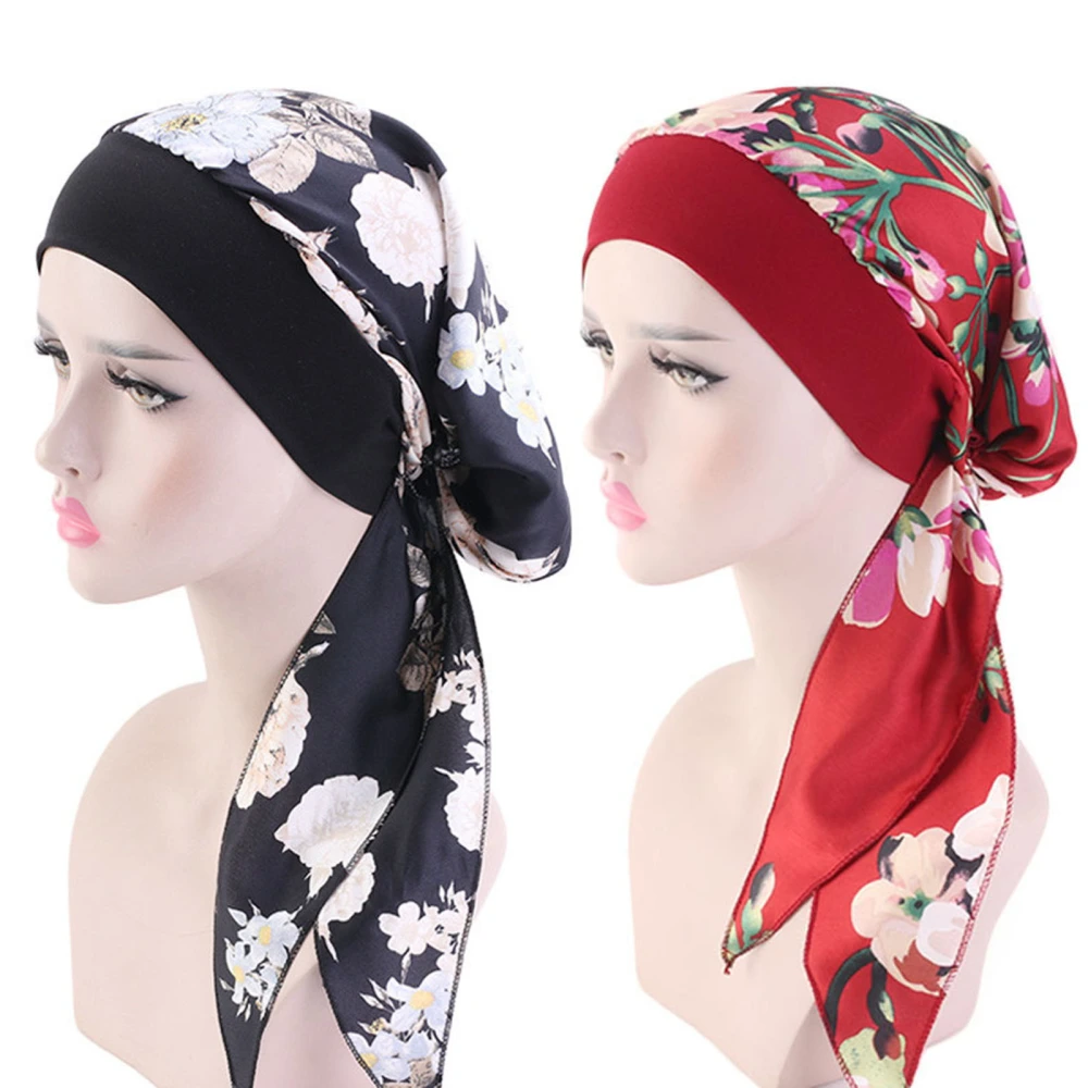 Women Bonnet Vintage Imitation Silk Floral Print Long Hair Lady Turbans for Sleeping