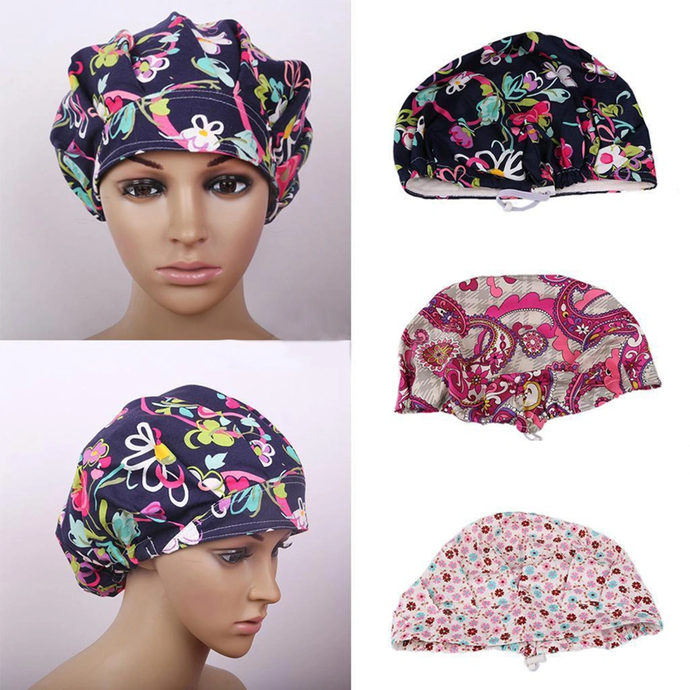 Scrub Cap Floral Print Breathable Cotton Adjustable Bouffant Hat for Beautician