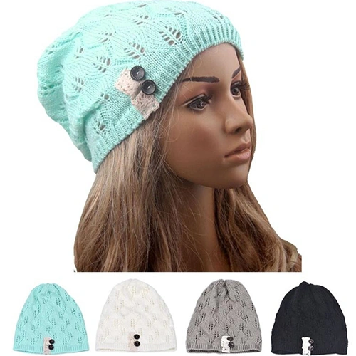 Fashion Winter Warm Women Soft Lace Button Leaves Hollow Knitting Beanie Hat