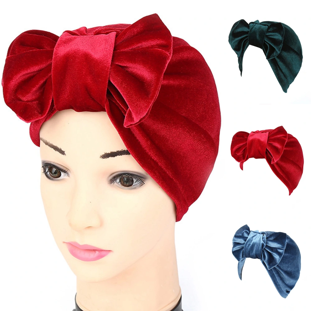 Shirring Elastic Velvet Headscarf Cap Detachable Bow Solid Color Head Wrap Hair Accessories