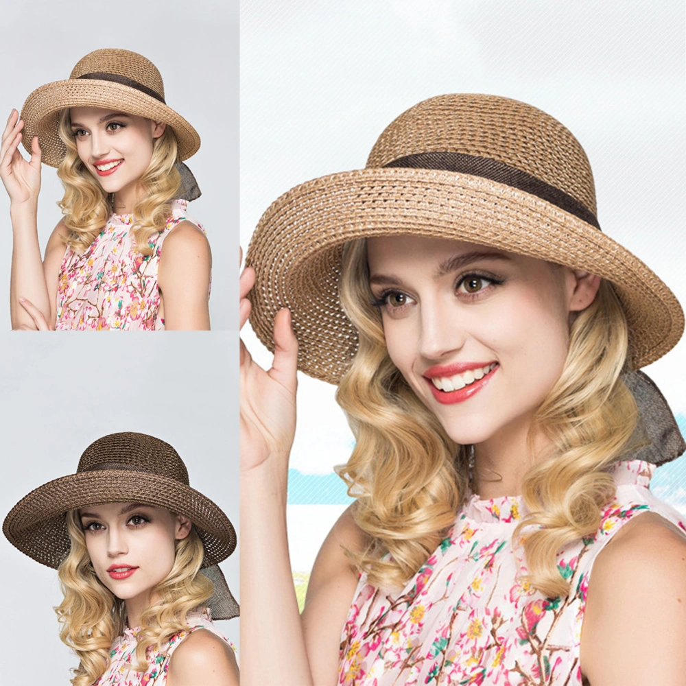 Summer Wide Brim Sun Hat Sunscreen Cap Bow Foldable Solid Color Straw Hat