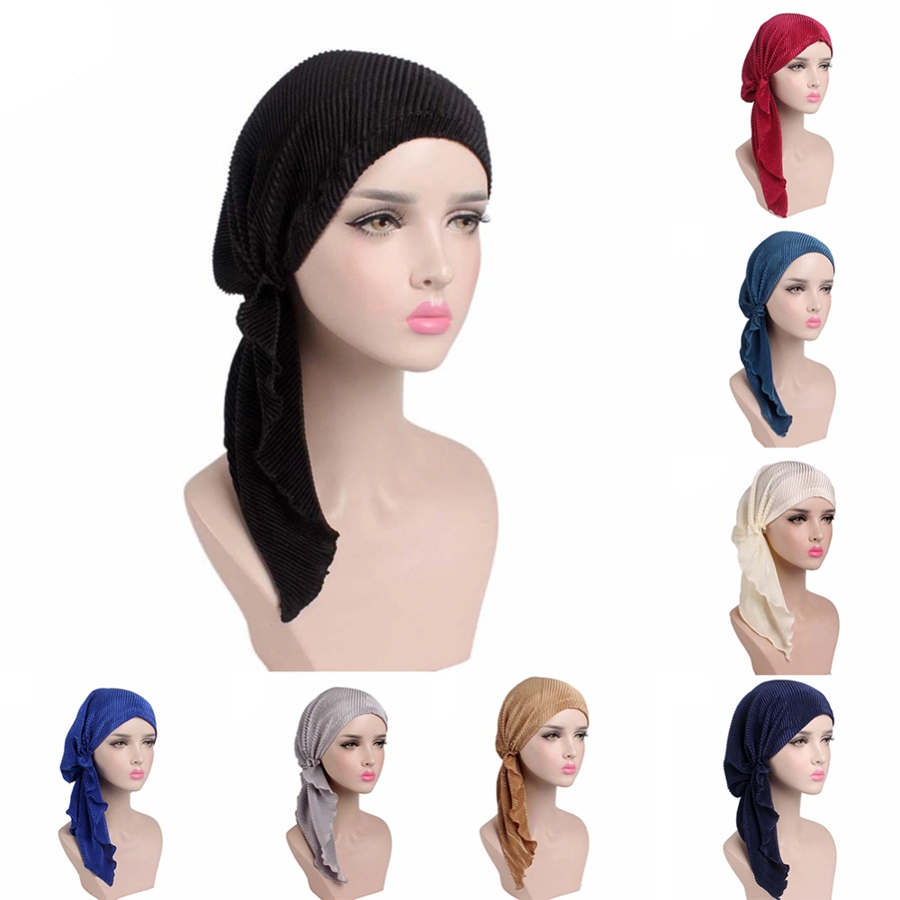 Fashion Women Wrinkle Long Turban Cap Head Wrap Chemo Hat Beanie Muslim Hijab