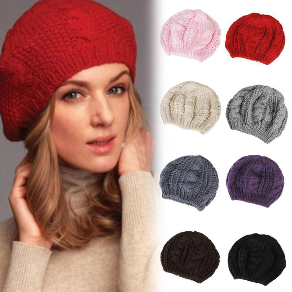 Women\'s Beret Solid Color Baggy Knit Crochet Beanie Hat Winter Warm Ski Cap