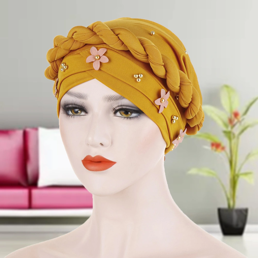 Turban Flowers Nailed Faux Pearls Multi-function Adults Hair Decoration Braid Hair Hat for Travel