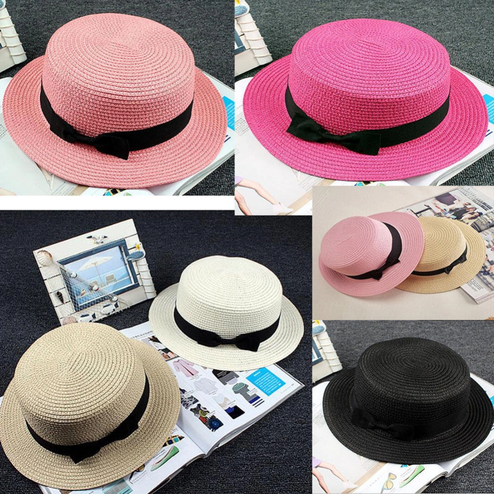 Summer Boater Ribbon Bowknot Solid Color Round Flat Straw Sun Cap Women Hat