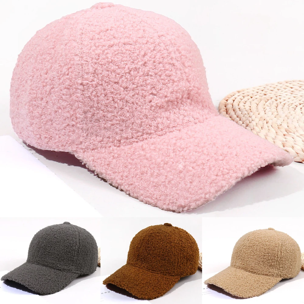 Adjustable Hook Loop Fasteners Baseball Cap Extended Brim Solid Color Plush Outdoor Hat for Fall Winter