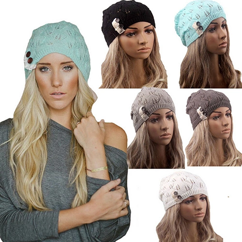 Women's Leaf Lace Button Tricorne Knit Winter Warm Hat Braided Baggy Beret Beanie Cap