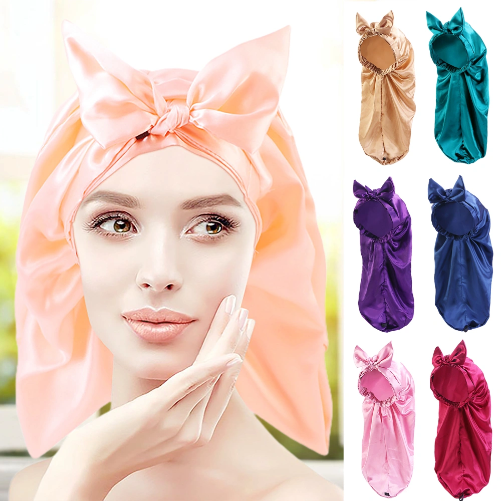 Solid Color Front Knot Sleep Cap Women Elastic Wide Band Long Hair Bonnet Hair Care