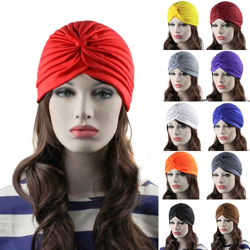 Fashion Women Indian Style Stretchable Pleated Turban Hat Cap Head Wrap Bandana