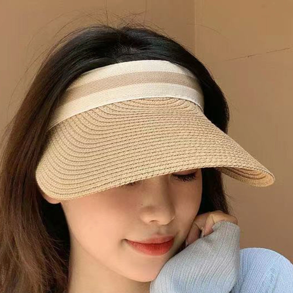 Women Cap Contrast Colors Washable Sunscreen Durable Firm Stitching Big Brim Breathable Adjustable Empty Top Straw Hat Headwear