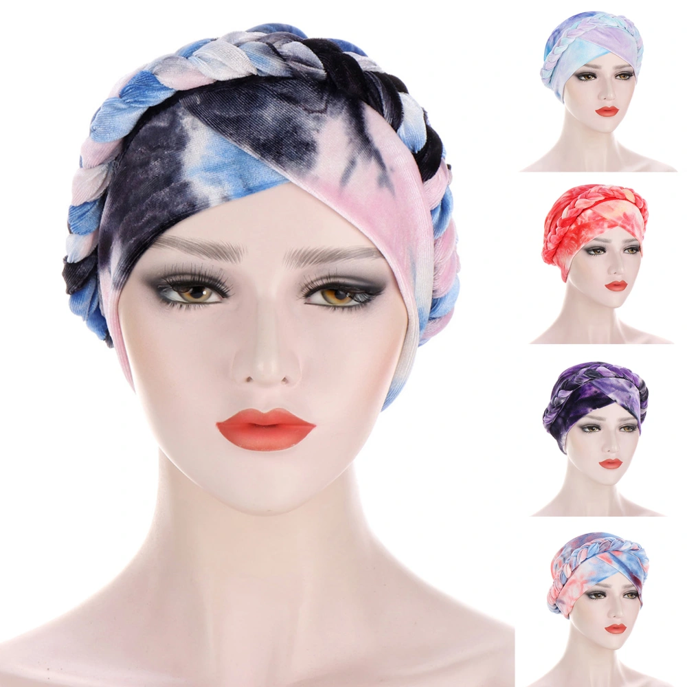 Tie-dyed Flannel Braid Stretch Foldable Beanie Cap Headscarf Headwear for Daily Wear