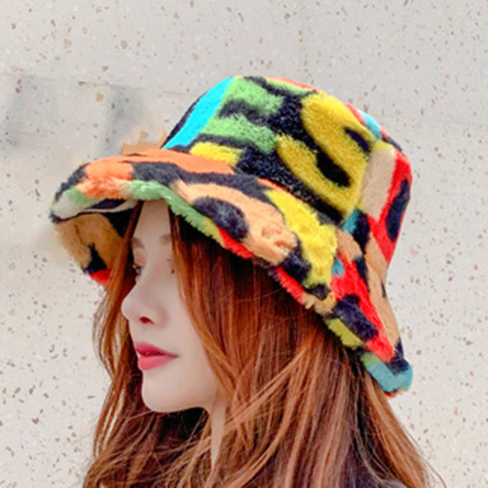 Multicolor Number Print Fishman Bucket Basin Hat Winter Outdoor Plush Warm Cap