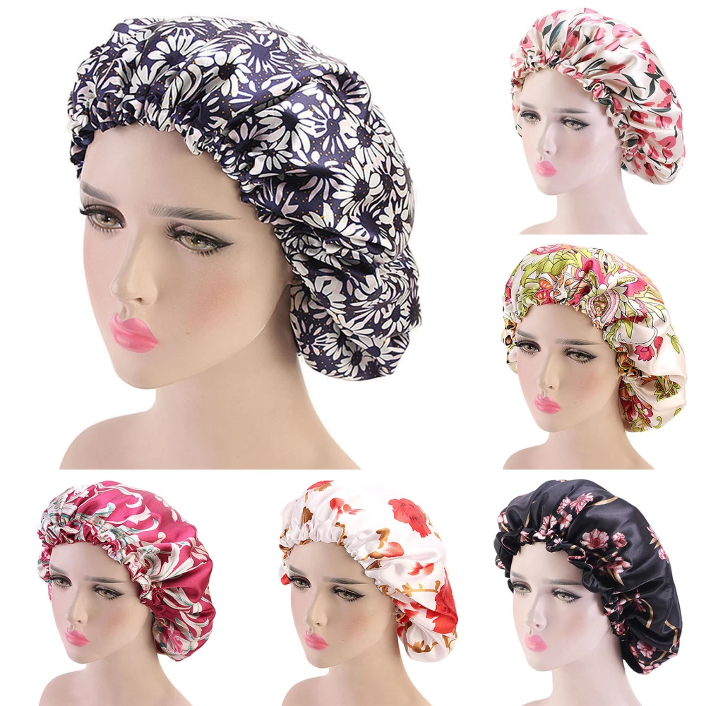 Double Sided Available Shower Cap with Elastic Clasp Polyester Sleeping Adjustable Night Sleep Cap for Woman