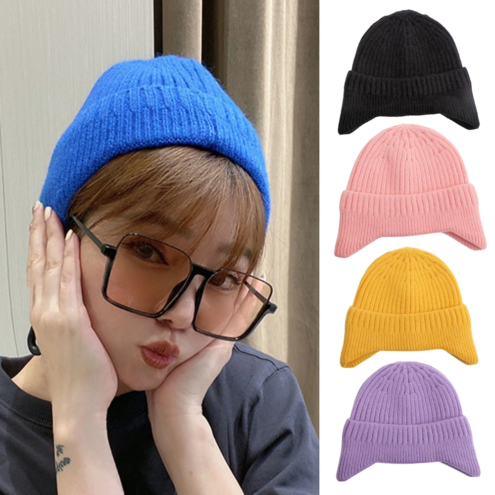 Thickened Warm Foldable Ear Flap Cap Solid Color Unisex Riding Knitted Hat for Outdoor