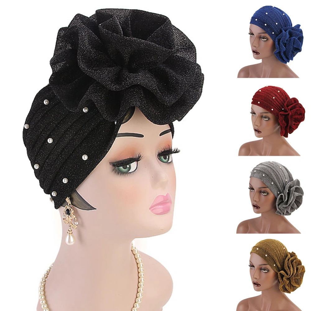 Fashion Faux Pearl Decor Big Flower Women Elastic Hat Soft Head Wrap Cap Gifts