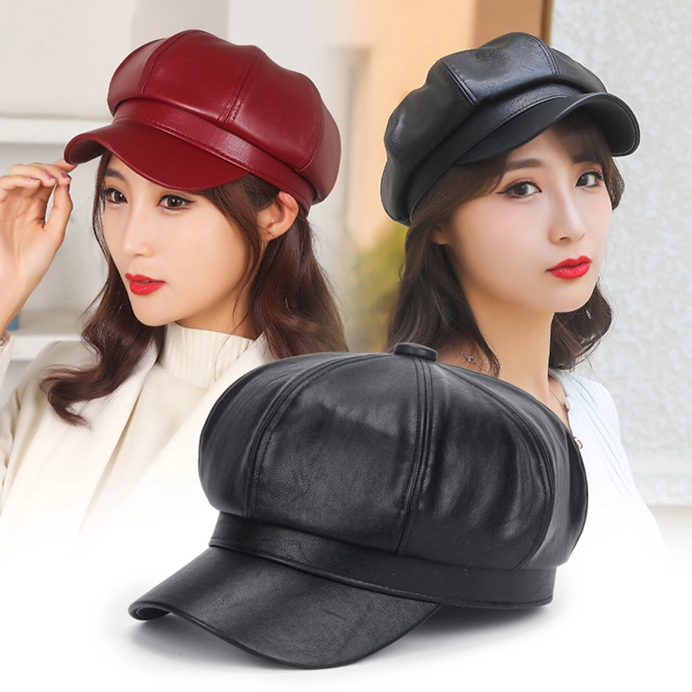 Beret Cap Faux Leather Adjustable Octagon Faux Leather Hats for Party