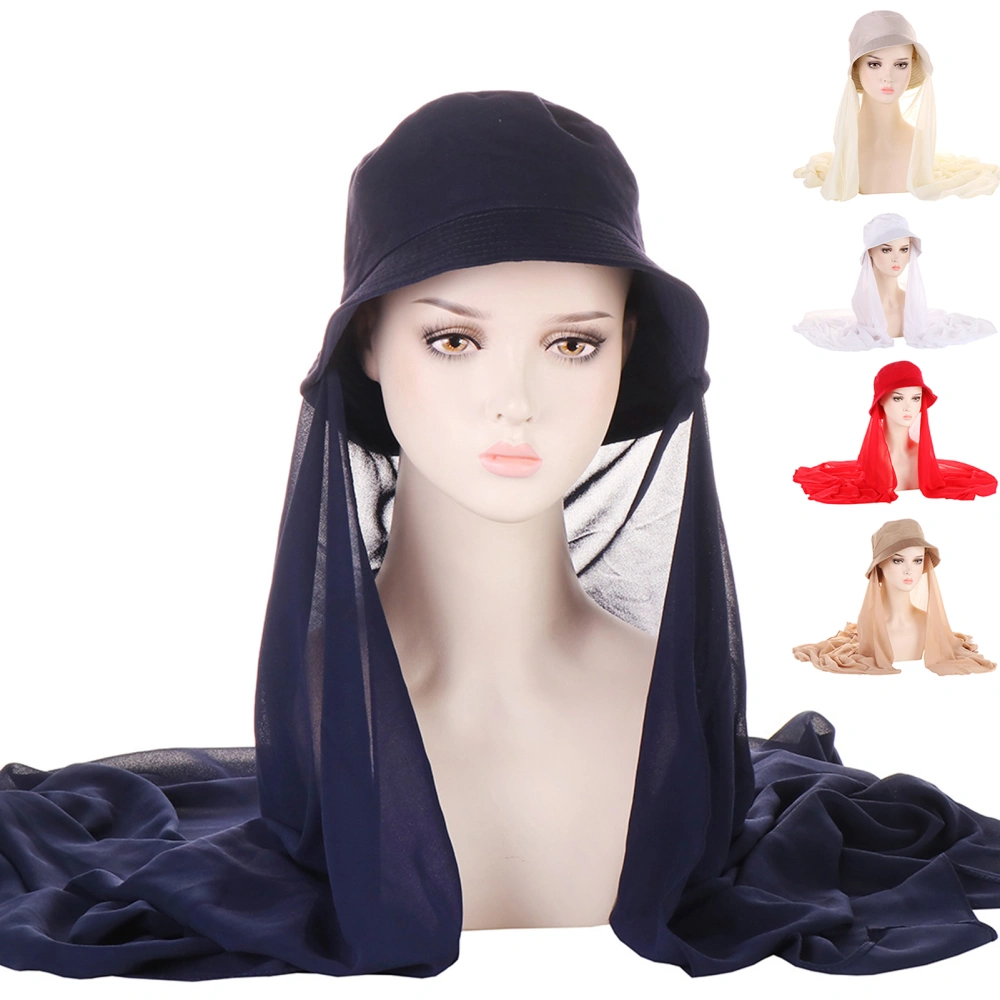 Bucket Hat Solid Color Sun Protection Brim Hat Millinery Accessories Foldable Summer Fisherman Caps with Chiffon Shawl Women Accessories