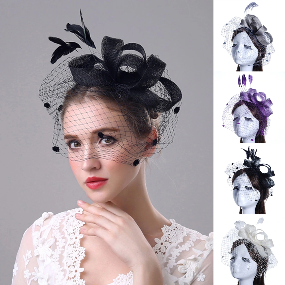 Non-slip Exquisite Fascinator Hat with Hair Hoop Faux Feather Hemp Mesh Party Headwear for Stage Performance