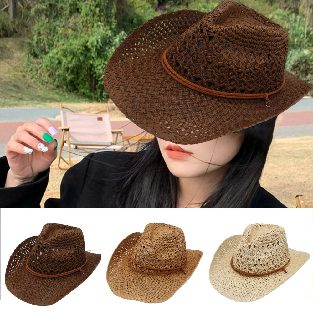 Unisex Sun Hat Straw Woven Wide Brim Sun Protection Vintage Windproof Boater Hat for Beach