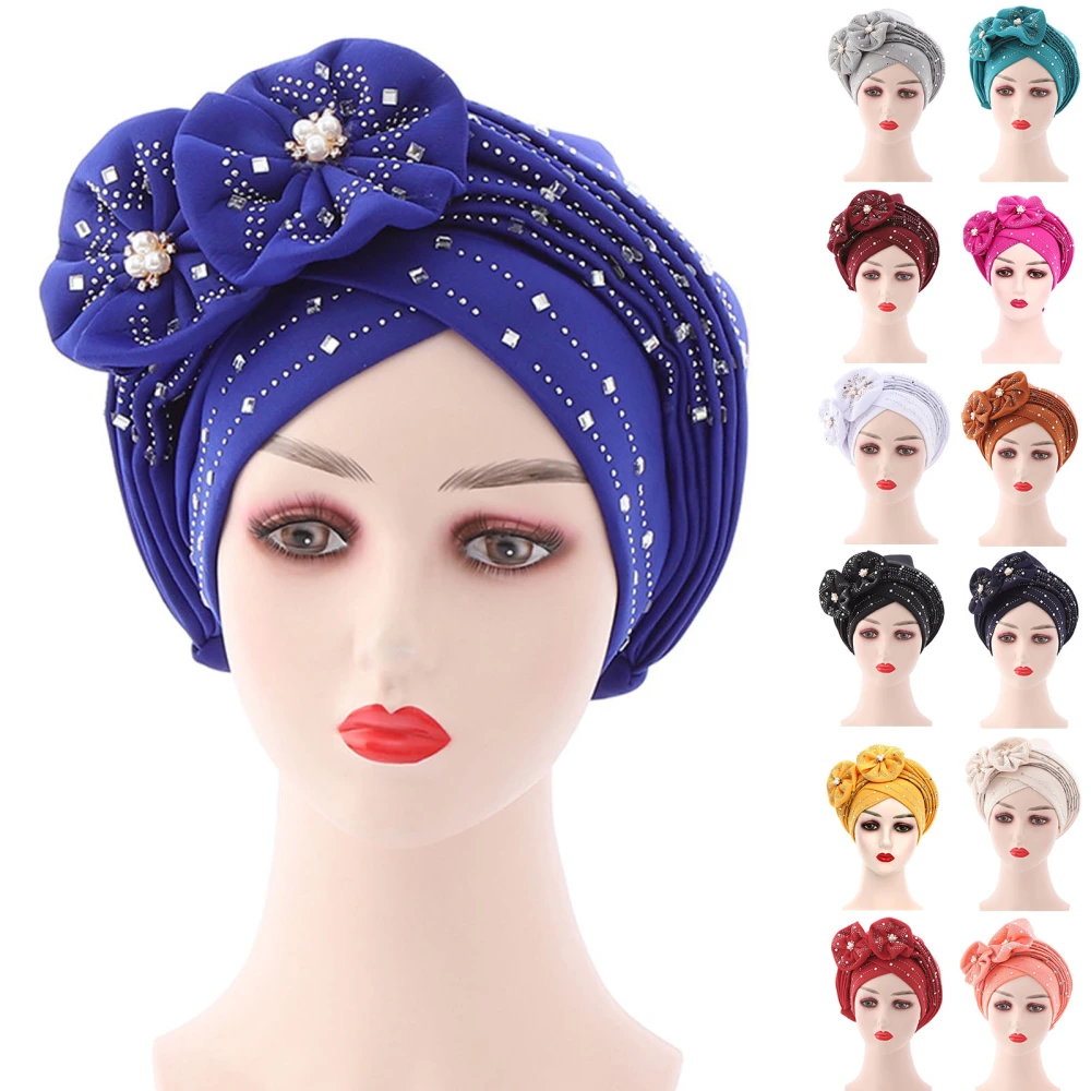 Solid Color Pre-Tied Cross Wrap Turban Beanie Flower Decor Rhinestone Headscarf Cap Hair Accessories