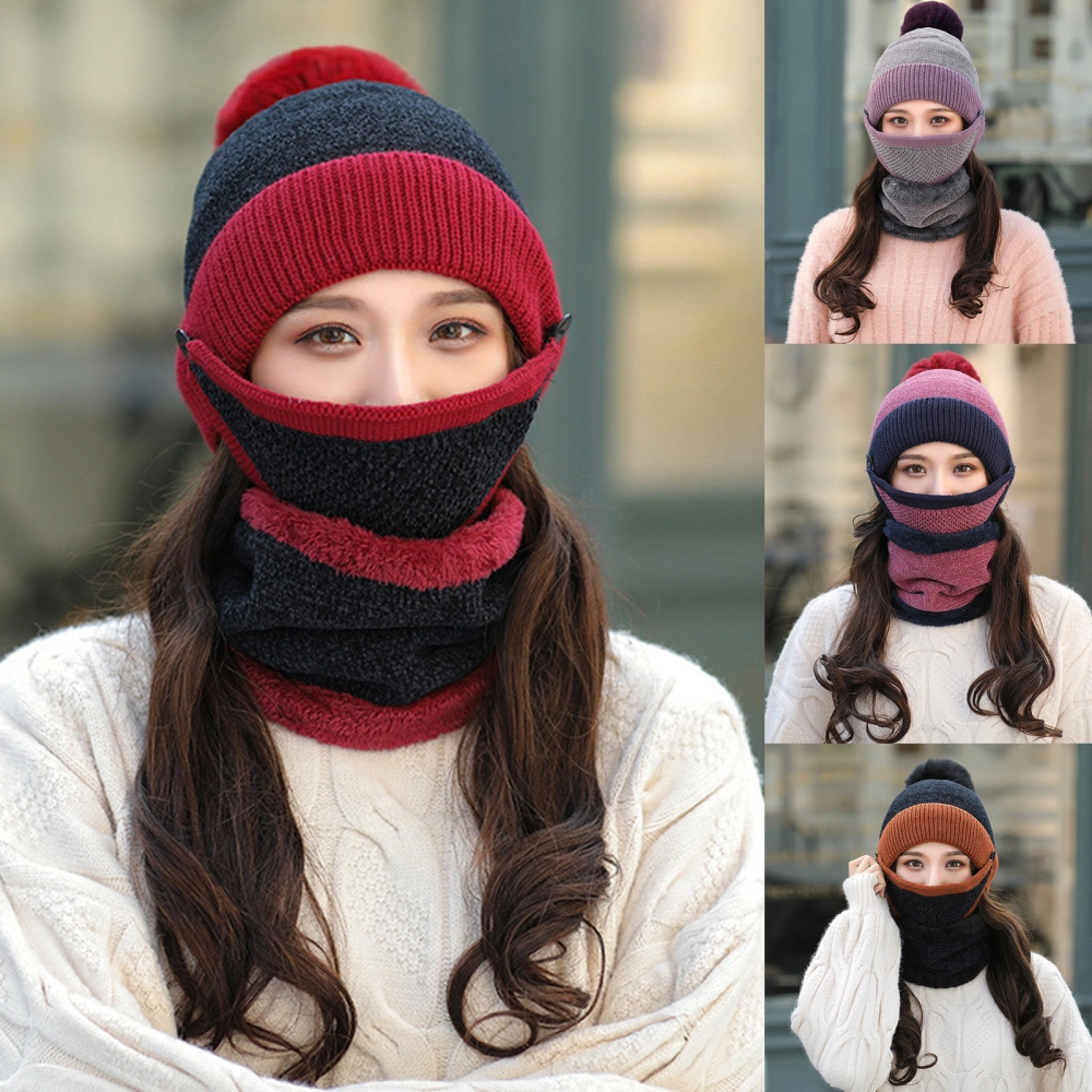 3Pcs/Set Women Winter Windproof Warm Knit Pompom Beanie Hat Cap Scarf Face Cover