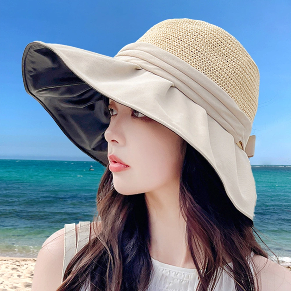 Women Fisherman Hat Sunscreen Anti-UV Patchwork Fasten String Big Brim Bucket Hats Beach Headwear 