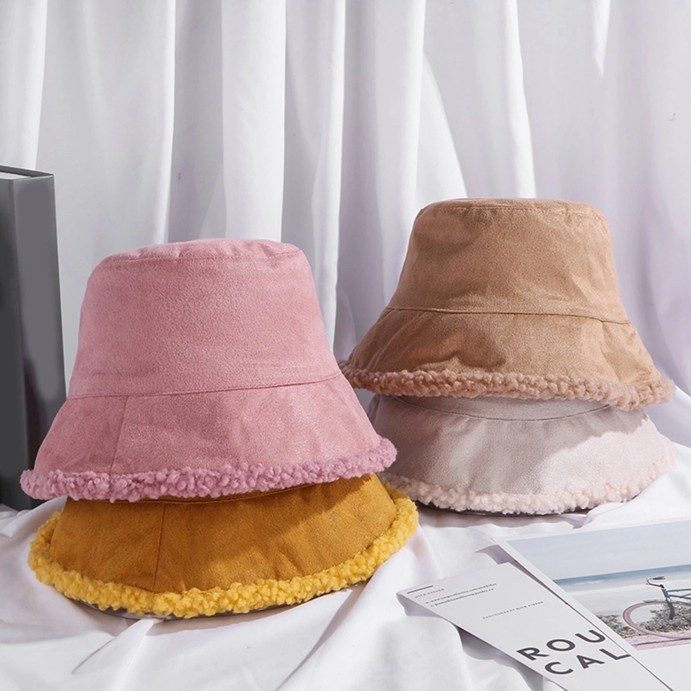 Double-sided Wearing Sunscreen Windproof Thickened Bucket Hat Women Winter Solid Color Imitation Cashmere Lined Fisherman Cap