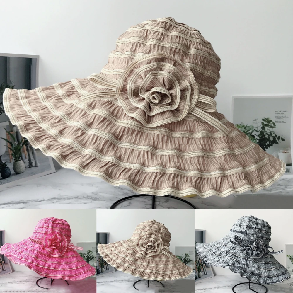 Sunscreen Striped Foldable Sun Cap Flower Decor Wide Brim Women Beach Hat for Outdoor